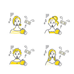 出費に悩まされる若い女性のシンプルでお洒落な線画イラストセット
