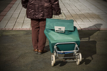 woman with shopping cart down the street to the supermarket