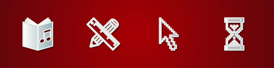 Set Audio book, Crossed ruler and pencil, Pixel arrow cursor and Hourglass pixel icon. Vector