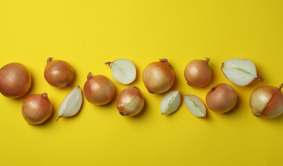 Fresh ripe onion on yellow background, top view