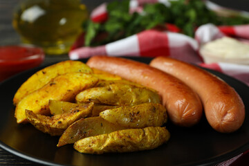 Concept of tasty meal with potato wedges, close up