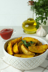 Concept of tasty meal with potato wedges, close up