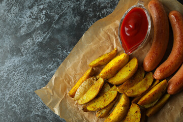 Paper with fried potato, sauce and sausages on black smokey background