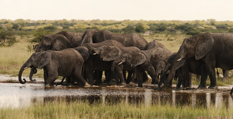 Herd of elephant drinking at a waterhole