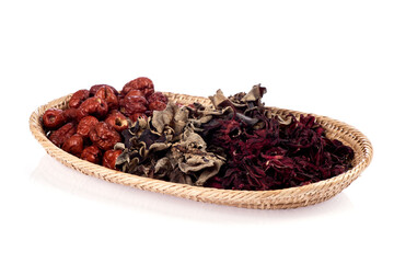 Jujube , Jelly ear mushrooms and roselle isolated on white background.