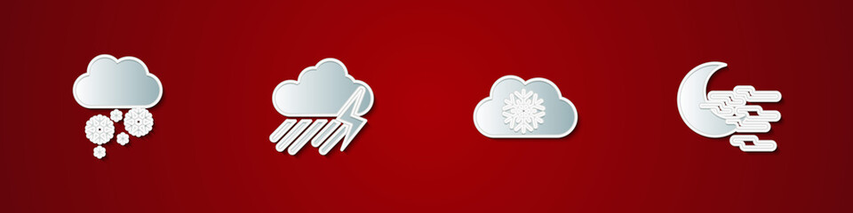 Set Cloud with snow, rain and lightning, and Fog moon icon. Vector