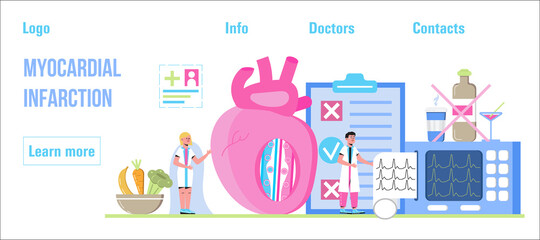 Myocardial infarction concept vector for medical website, header, blog. Heart attack, cardiac infarction with tiny doctors, cardiogram, artery, heart, diet plan in the post-infarction