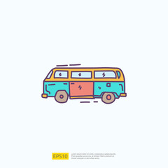 travel holiday tour and vacancy concept vector illustration. hippie van doodle fill color icon sign symbol