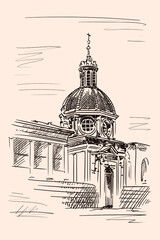 Sketch of the dome of the cathedral in the classical style with arches, statues and clocks. Sketch on a beige background.
