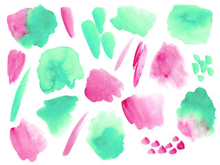 Pink Green Watercolor Blots And Brush Strokes On White Background. Handdrawn watercolor splatter texture. Liquid ink on paper blob. Watercolor wash palette spots isolated
