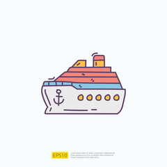 travel holiday tour and vacancy concept vector illustration. cruise ship doodle fill color icon sign symbol