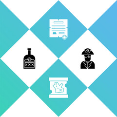Set Alcohol drink Rum bottle, Pirate treasure map, Decree, parchment, scroll and captain icon. Vector