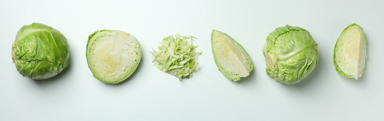 Fresh green cabbage on white background, top view
