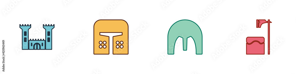 Aufkleber set castle, medieval iron helmet, and executioner axe in tree block icon. vector