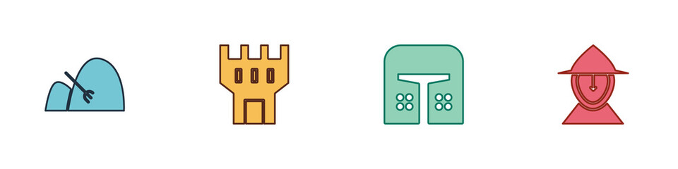 Set Bale of hay and rake, Castle tower, Medieval iron helmet and icon. Vector