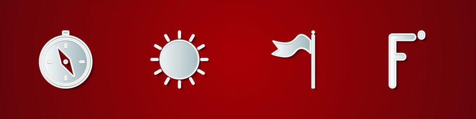 Set Compass, Sun, Meteorology windsock wind vane and Fahrenheit icon. Vector