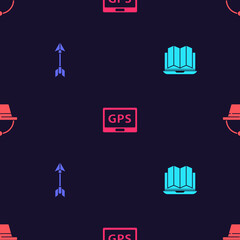 Set Location of the forest in laptop, Hipster arrow, Gps device with map and Camping hat on seamless pattern. Vector