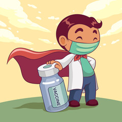 doctor wearing medical mask with vaccine cartoon character. COVID-19 outbreak medical staff. vector illustration.