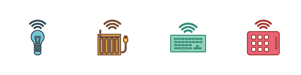 Set Smart light bulb, heating radiator, Wireless keyboard and tablet icon. Vector