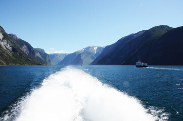 Norway: Sunny scenic view of the fjord with mountains and water