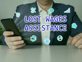  LOST WAGES ASSISTANCE text in search bar. Budget analyst looking at cellphone.