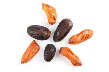 Nutmeg and mace  isolated on white background.top view,flat lay.