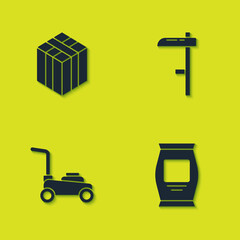 Set Bale of hay, Fertilizer bag, Lawn mower and Scythe icon. Vector