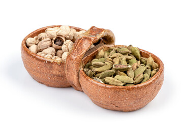 Green cardamom and siam cardamom isolated on white background.