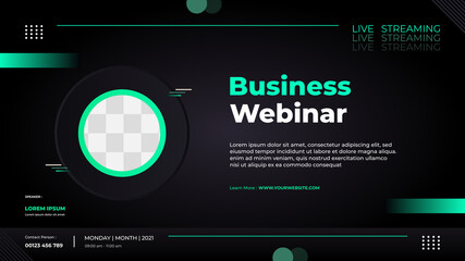 Website banner template for Business webinar, marketing webinar, conference event etc. With green and black modern background 