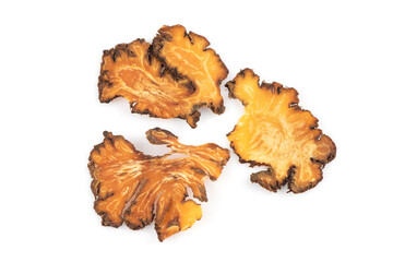 Szechuan lovage, Selenium or Ligusticum striatum,dried slice isolated on white background.top view,flat lay