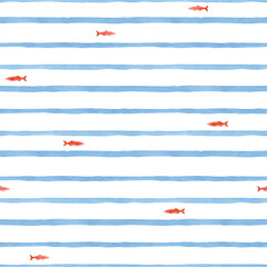 Materiał do szycia Beautiful vector seamless pattern with cute watercolor red fish and blue stripes. Stock illustration.
