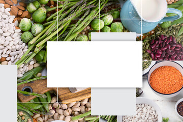 Collage of best protein sources for vegans . Healthy eating concept.