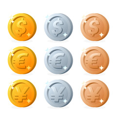Coin icon. Different gold, silver and bronze coins. Set of coins with dollar, euro, yen isolated on white.