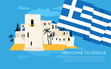 Vector banner with the image of a small Greek island and the flag of Greece. Travel concept