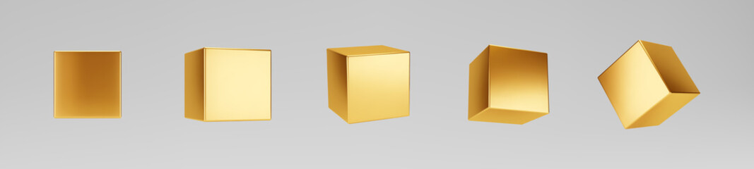 3d gold metallic cubes set isolated on grey background. Render a rotating glossy golden 3d box model with different angles in perspective with lighting and shadow. Realistic vector geometric shapes