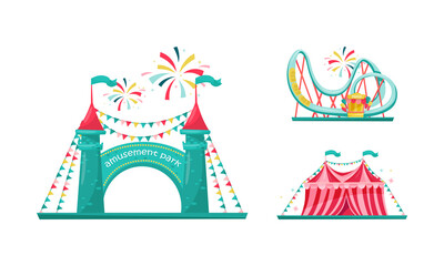 Amusement Park with Ride Attractions for Entertainment Vector Set