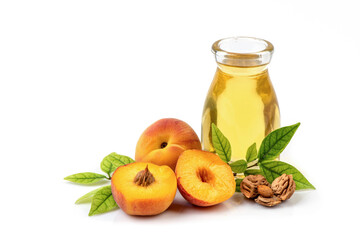 Apricot or Prunus armeniaca fruits ,seeds and oil isolated on white background.