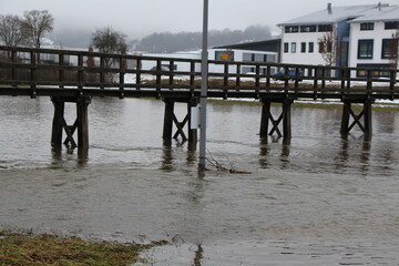 wooden bridge in the flood of the danube in mühlheim an der donau