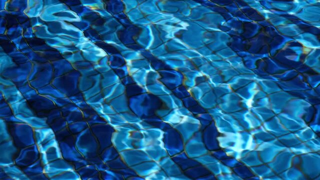 Blue Tiled Swimming Pool Bathed In Golden Sunshine With Rippling Water And Dancing Light