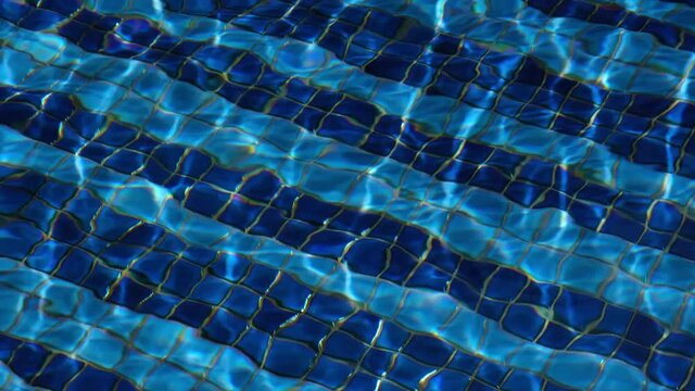 4k Footage Of A Blue Tiled Swimming Pool Bathed In Golden Sunshine With Rippling Water And Dancing Light