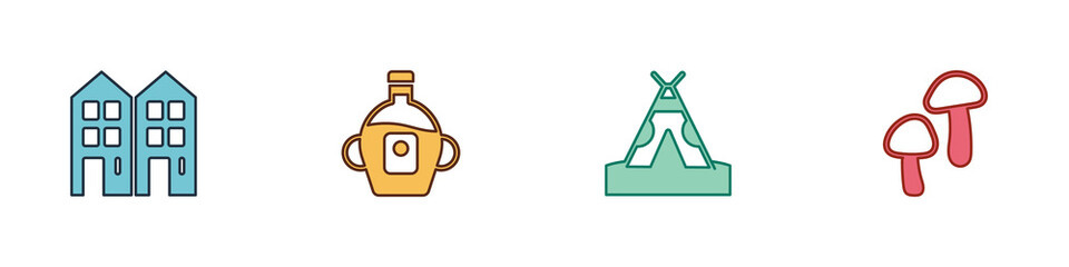 Set House, Maple syrup, Indian teepee or wigwam and Mushroom icon. Vector