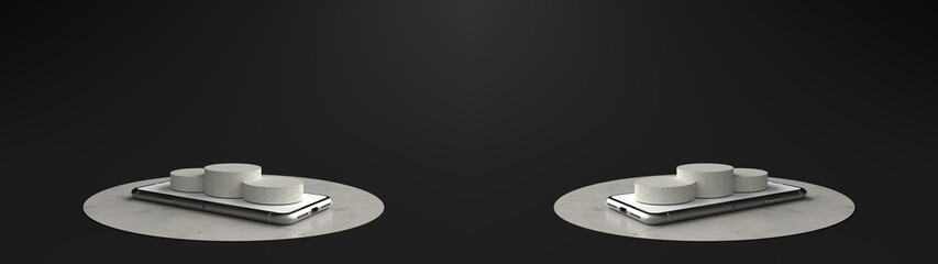 Round marble Pedestal on the Smartphone white screen, Podium for display product on the Black floor. Pedestal can be used for commercial advertising, Isolated on Minimal Black background, 3D rendering