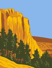 WPA poster art of the sandstone bluff of El Morro National Monument in Cibola County, New Mexico, United States done in works project administration style style or federal art project style. - obrazy, fototapety, plakaty