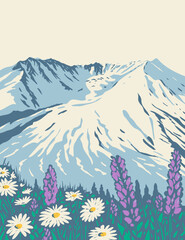WPA poster art of Mount St. Helens National Volcanic Monument within Gifford Pinchot National Forest in Washington State done in works project administration style style or federal art project style. - 420966298