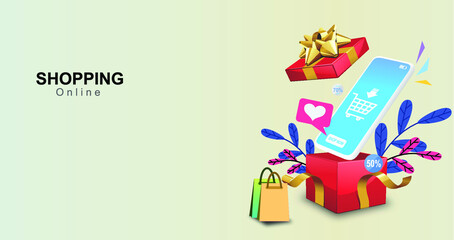 Red gift box with golden ribbon Open party gift box shopping poster With smartphone Modern online shopping ideas