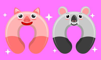 Illustration vector graphic cartoon character of patterned neck pillow of pig and koala. Suitable for the design of children's neck pillow products