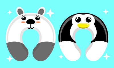 Illustration vector graphic cartoon character of patterned neck pillow of polar bear and penguin. Suitable for the design of children's neck pillow products