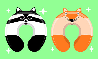 Illustration vector graphic cartoon character of patterned neck pillow of raccoon and wolf. Suitable for the design of children's neck pillow products