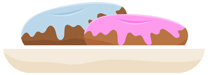 Donuts on plate isolated on white background. Multicolored glossy donuts with pink and blue glaze