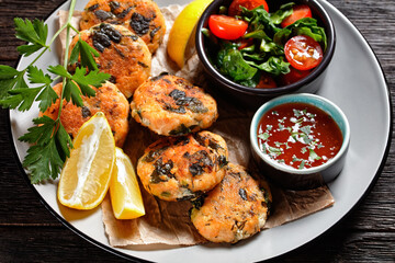 salmon and spinach fish cakes, top view